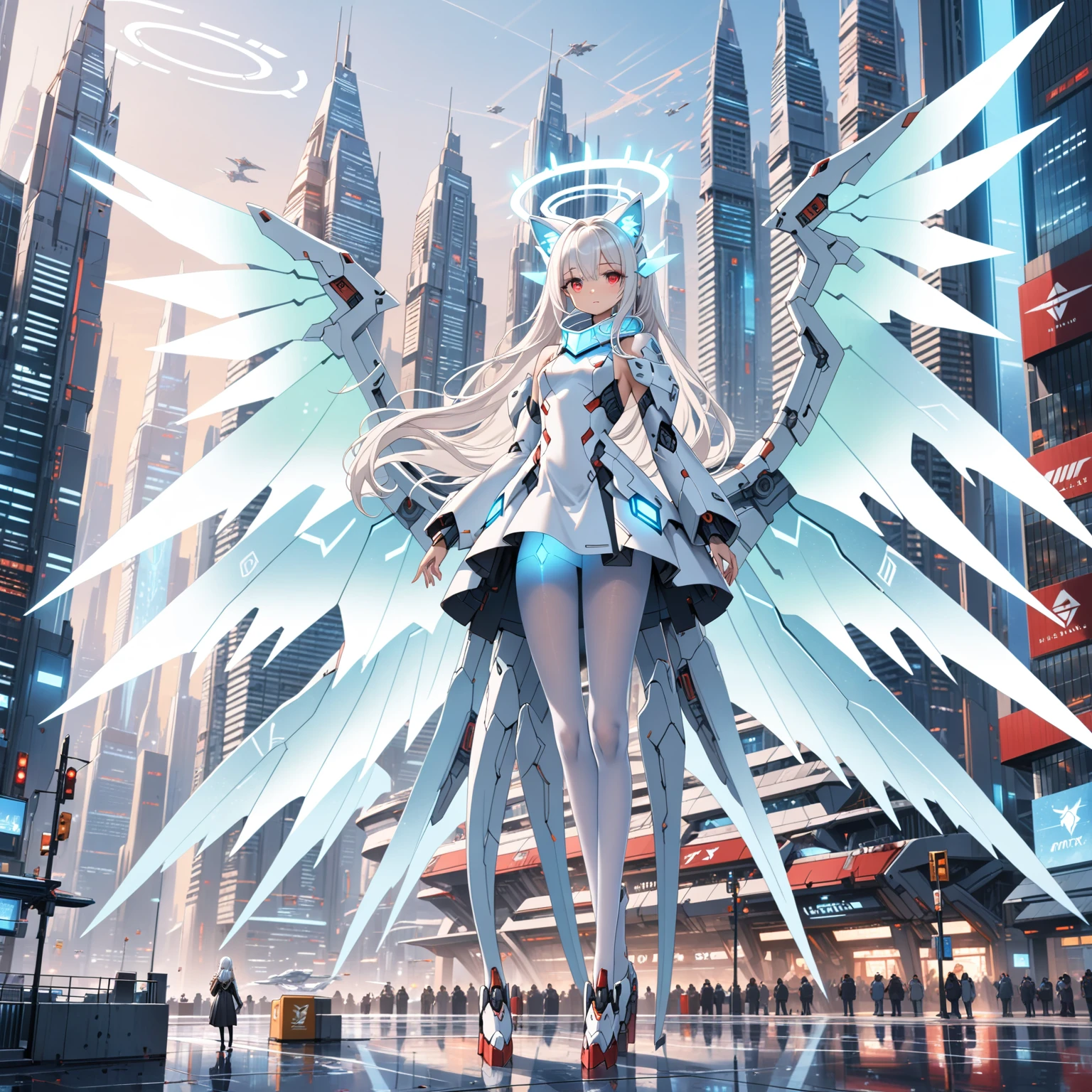 masterpiece, highest quality, highest resolution, clear_image, detailed details, white hair, long hair, 1 girl, cat ears, red eyes, futuristic dragon wings (12 wings), futuristic halo, white sci fi mecha dress, white scarf (around the neck withn a light blue glow), white pantyhose, full body, no water marks, city
