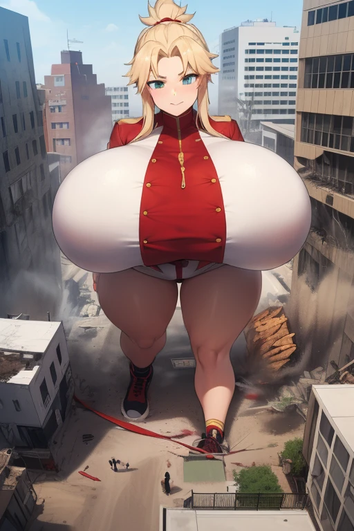 Massive angry giantess about to crush a kneeling soldier, angry expression, hyper oppai, massive giant breasts, 