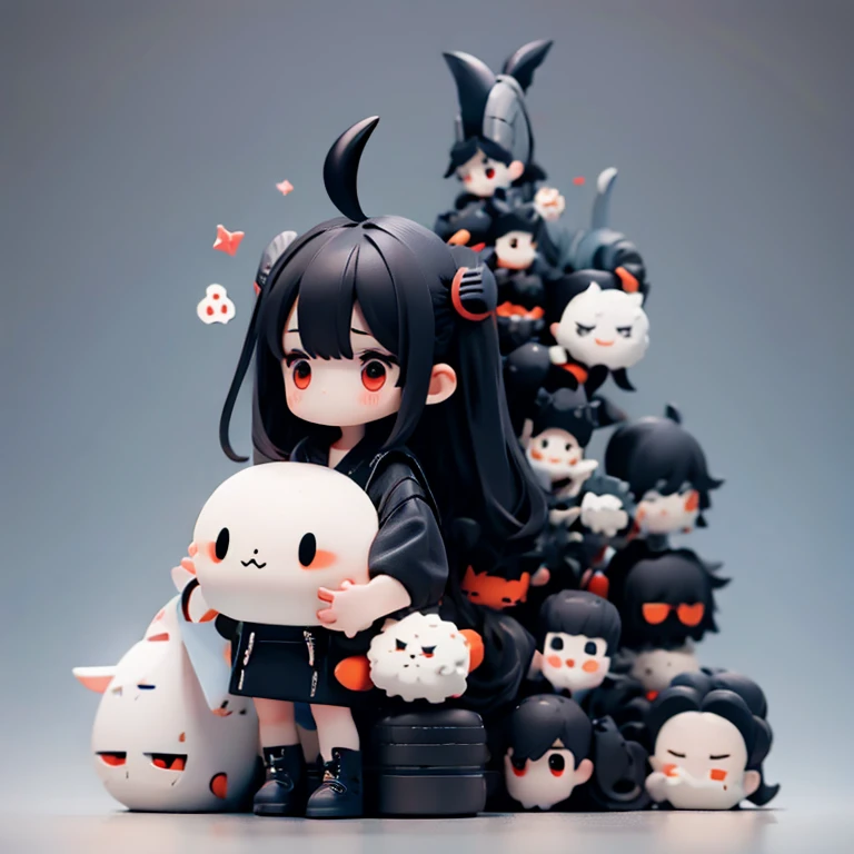 Young Girl,,Wearing a one-piece dress,Mini character,Red eyes,Black Hair,Long Hair,Dark atmosphere,Deformed character,Horns growing,Ahoge,
