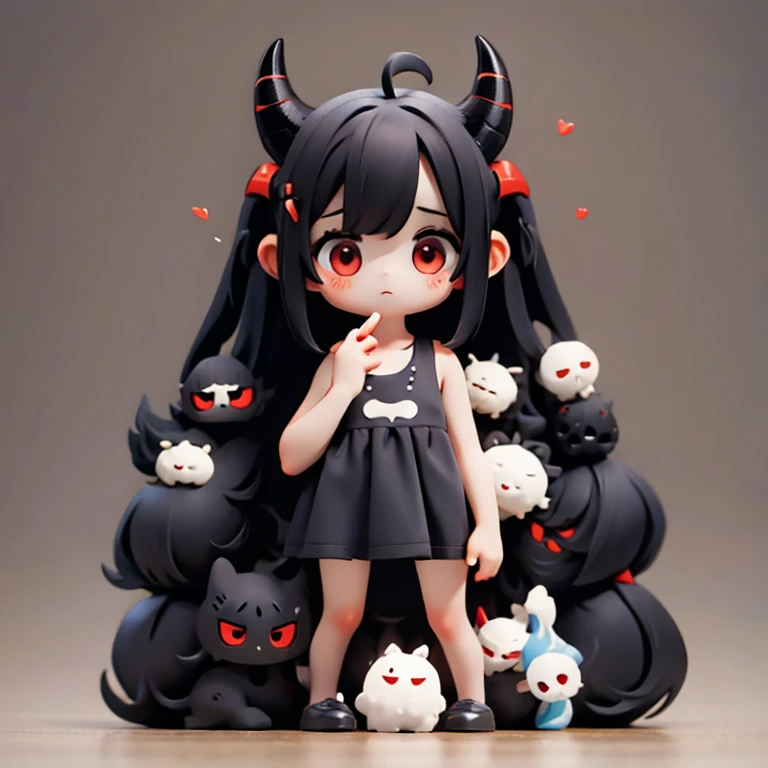Young Girl,,Wearing a one-piece dress,Mini character,Red eyes,Black Hair,Long Hair,Dark atmosphere,Deformed character,Horns growing,Ahoge,
