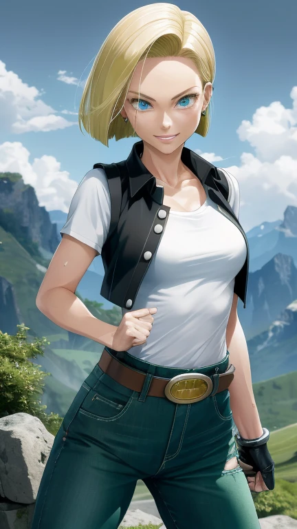 best quality, highres, and18, 1girl, android 18, solo girl, 1girl, blonde hair, blue eyes, belt, green jeans, pearl necklace, bracelets, black gloves, white shirt, short hair, short sleeves, earrings, green pants, open vest, black vest, orange socks, black shoes, medium breasts, cowboy shot, mountains, straight-on, (weather: raining and windy), wet shirt, sexy smile, combat stance, battle ruins, wide hips, thick legs, closed fists, torn clothes,