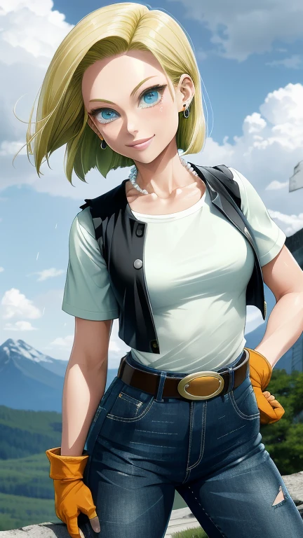 best quality, highres, and18, 1girl, android 18, solo girl, 1girl, blonde hair, blue eyes, belt, green jeans, pearl necklace, bracelets, black gloves, white shirt, short hair, short sleeves, earrings, green pants, open vest, black vest, orange socks, black shoes, medium breasts, cowboy shot, mountains, straight-on, (weather: raining and windy), wet shirt, sexy smile, combat stance, battle ruins, wide hips, thick legs, closed fists, torn clothes,