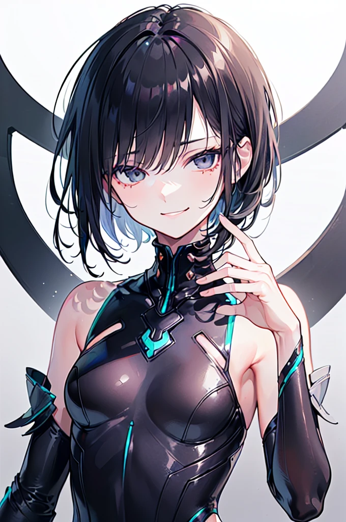  
(((masterpiece, Highest quality, 1girl, Beautiful attention to detail:1.6, Upper Body, mature body, Anatomically correct, flat lighting, futuristic fashion, natural fingers, empty eyes, smirk))), bewitching, sexy body, black hair, short cut, ponytails, gray background
