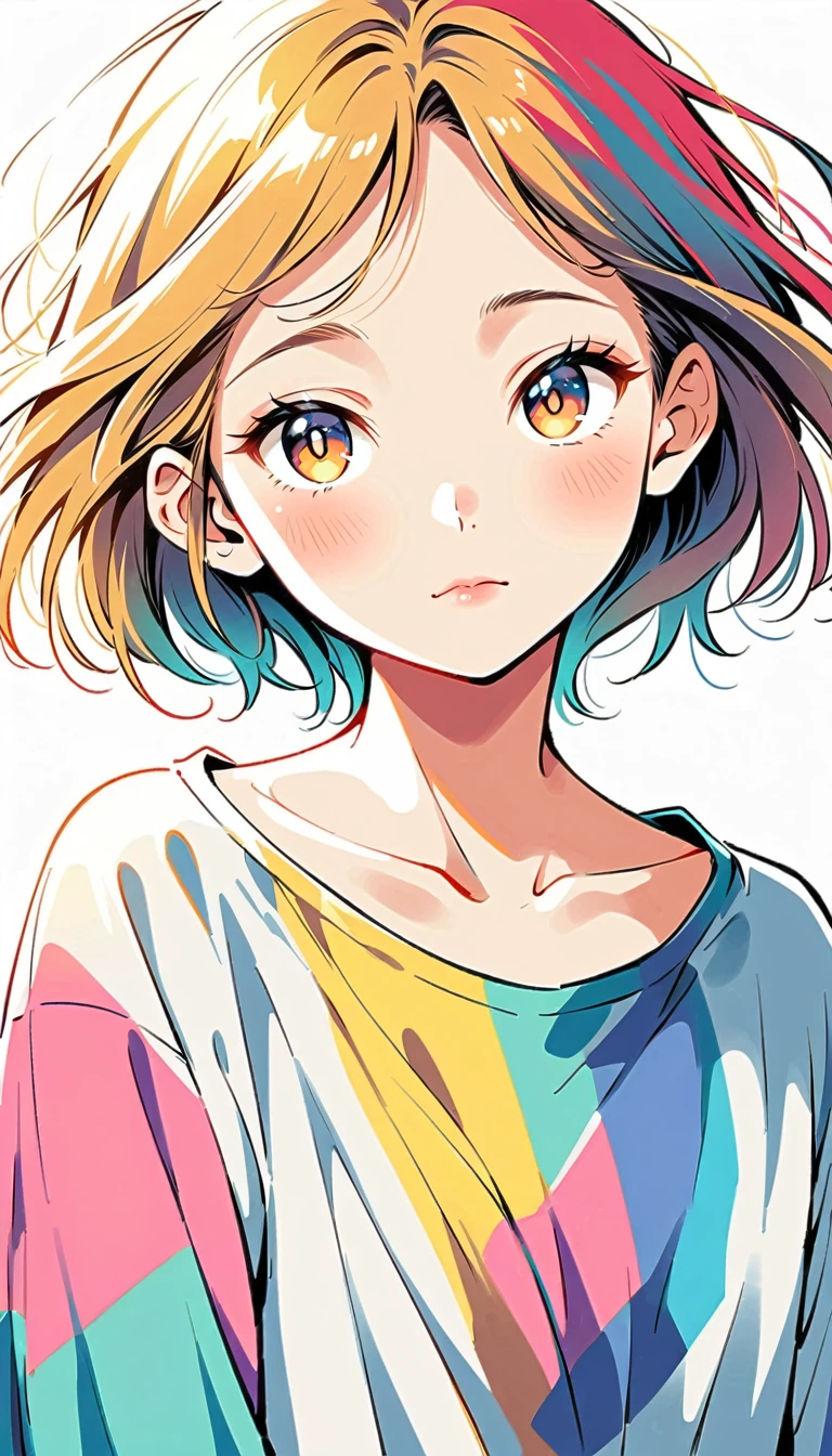 white background, Watase Seizo style, Simple line initials，shining pupils，((angel, Public)), (((The Most Beautiful Girl))), white tone, vivid colors, Vivid color,