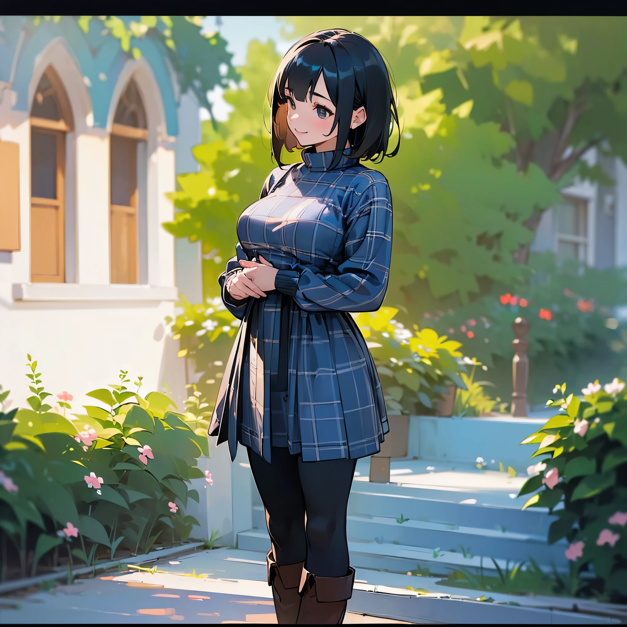 (high quality, High resolution, Super detailed, Realistic:1.37), Peaceful atmosphere, (Outdoor, garden), age girl standing alone, (my breasts are big.), Beautifully detailed features, Cute Smile, (Black bob hair), Ribbed sweater, Blue plaid skirt, black tights, Brown boots.