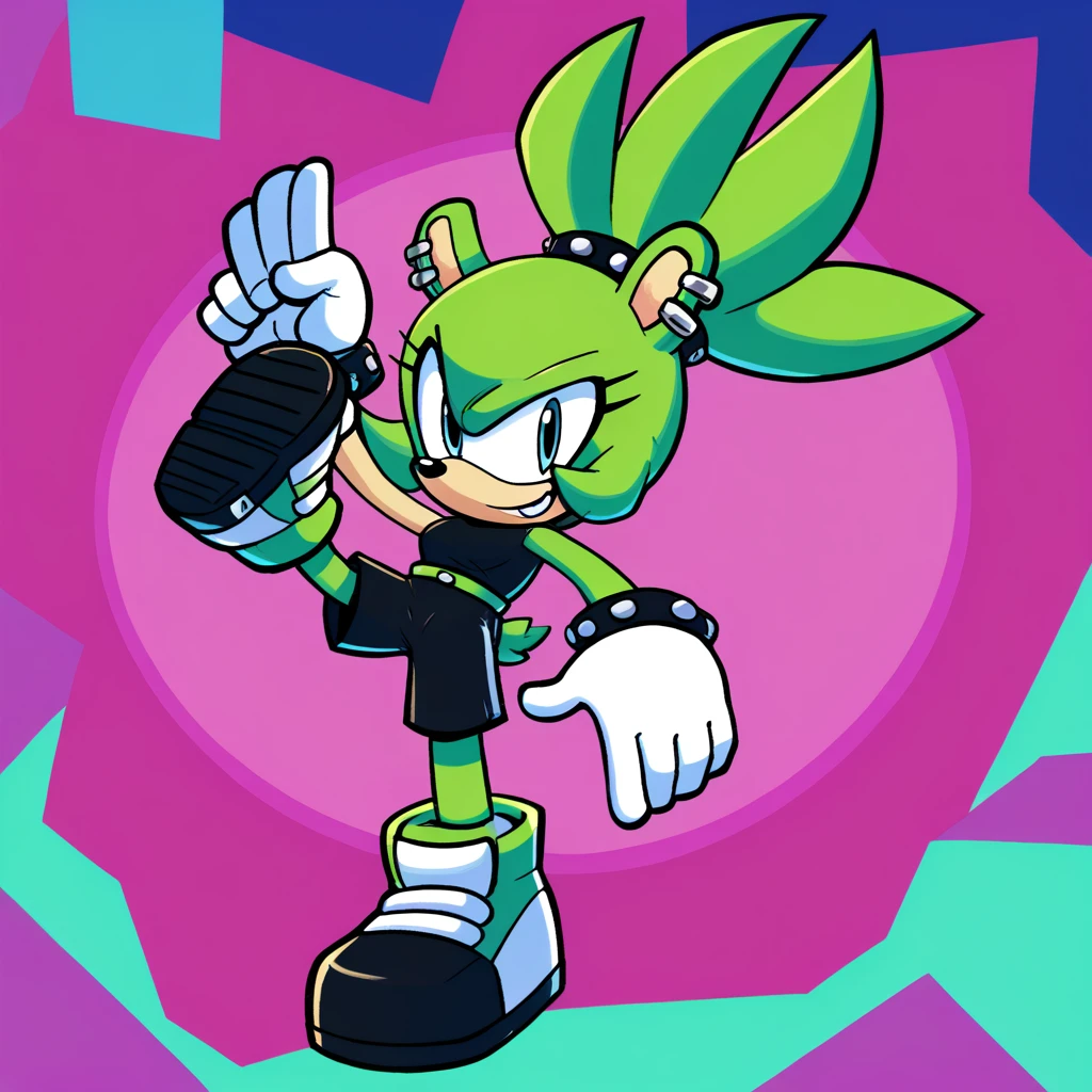 Custom avatar, Surge the teneric character, wearing black shorts, in the cyberspace, abstract, backround, doing a dyamic pose, someone holding his leg,