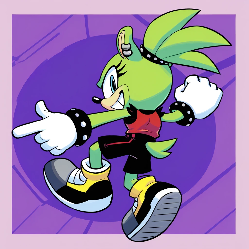 Custom avatar, Surge the teneric character, wearing black shorts, in the cyberspace, abstract, backround, doing a dyamic pose, someone holding his leg,