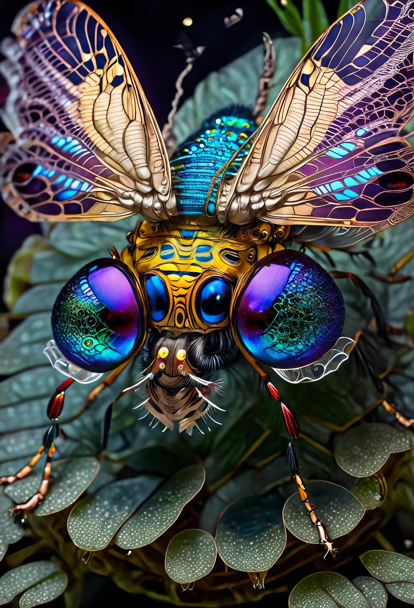 (fancy,horror,Macro Photography,realist:1.2), alien insect, vibrant colors, intricate details, Metallic exoskeleton, bulbous compound eyes, delicate translucent wings, insectoid legs, organic patterns, Lighting from another world