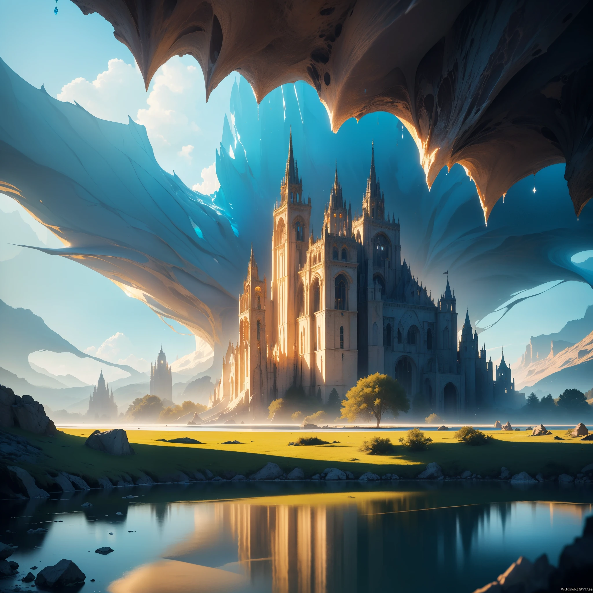 (best quality,4k,8k,highres,masterpiece:1.2),ultra-detailed,(realistic,photorealistic,photo-realistic:1.37),a massive assortment of gemstones, shimmering under a lake of golden magical water, stunning reflection, detailed crystalline structures, intricate facets, radiant lighting, vibrant colors, dramatic shadows, fantasy landscape, ethereal atmosphere, cinematic composition