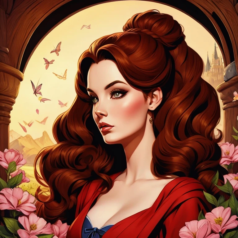 (work of art),(best qualityer), illustration, (fancy:1.4), witch, cut-ine detailed digital art, beautiful  face, chestnut hair, hair up, castle, moutain, dark colored long dress, a moon, flowers , paper_cut-in