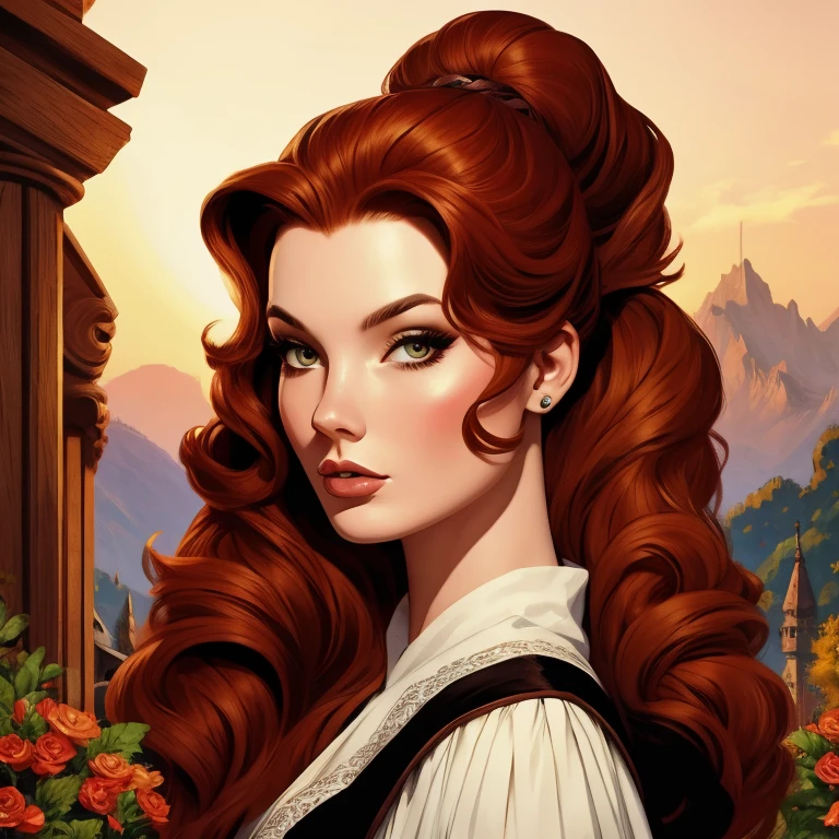 (work of art),(best qualityer), illustration, (fancy:1.4), witch, cut-ine detailed digital art, beautiful  face, chestnut hair, hair up, castle, moutain, dark colored long dress, a moon, flowers , paper_cut-in