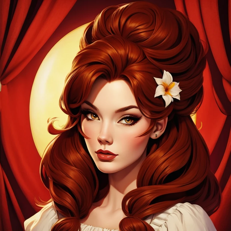 (work of art),(best qualityer), illustration, (fancy:1.4), witch, cut-ine detailed digital art, beautiful  face, chestnut hair, hair up, castle, moutain, dark colored long dress, a moon, flowers , paper_cut-in