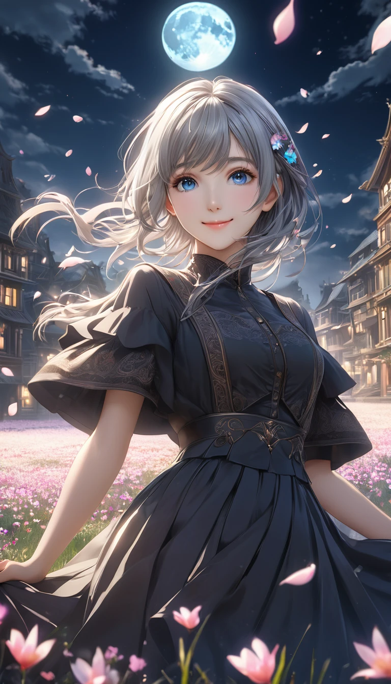 masterpiece, Highest quality, One girl, (colorful),(Beautifully detailed eyes and face),cinematic Lighting,Bust Shot,Highly detailed CG Unity 8k wallpaper,Gray Hair,alone,smile,Complex skirt,((Flying petals)),(Flowery meadow) null, cloudy_null, building, moonLight, moon, night, (Dark Theme:1.3), Light, Fantasy,