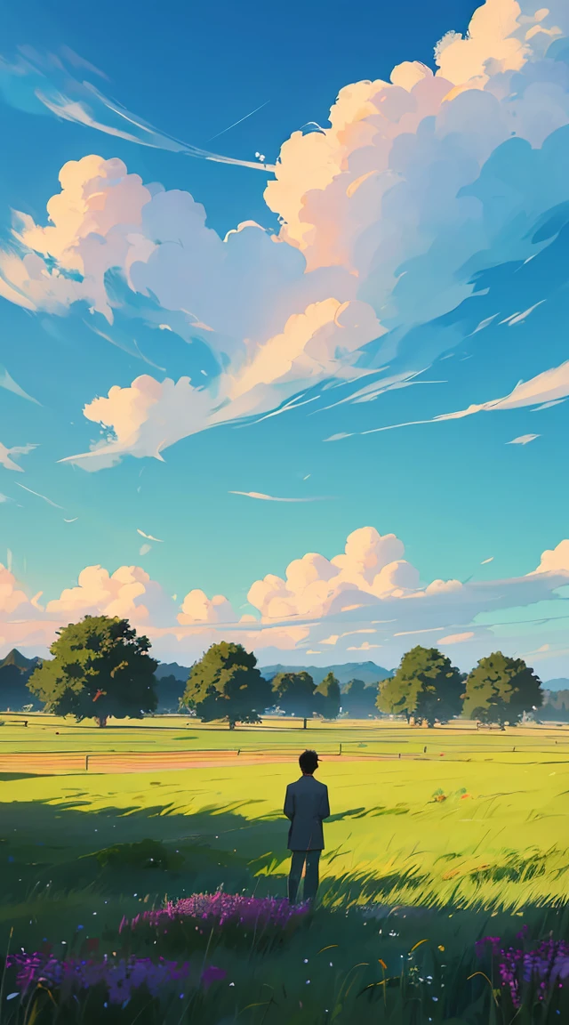 An anime man standing solemnly in a vast field of lush green grass, under an expansive sky with vibrant, blue clouds. The landscape is breathtakingly beautiful, depicted in ultra HD with high detail. The scene is vibrant and designed to look like an award-winning photograph, capturing a sense of melancholy and beauty.