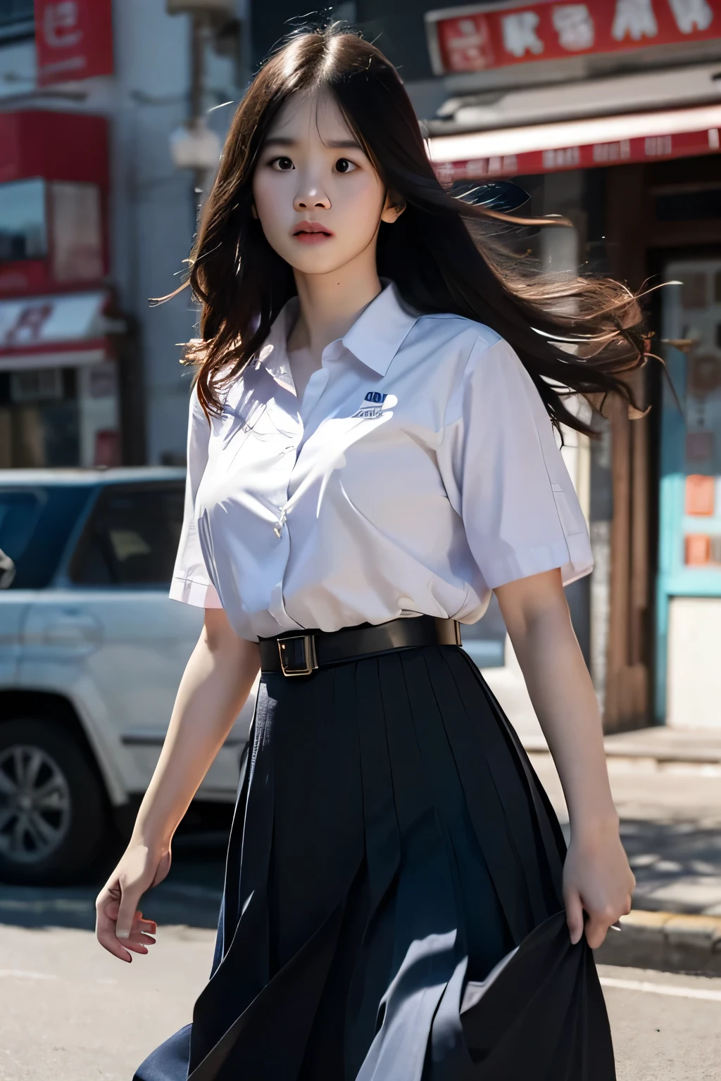 (photorealistic:1.4),Best quality, masterpiece, ultra high res, raw photo,soft light,(cowboy shot),blue sky,movie poster
1girl,(mathayom uniform),white shirt short sleeves,(black pleated long skirt:1.2),long hair,hair_floating,dramatic scene