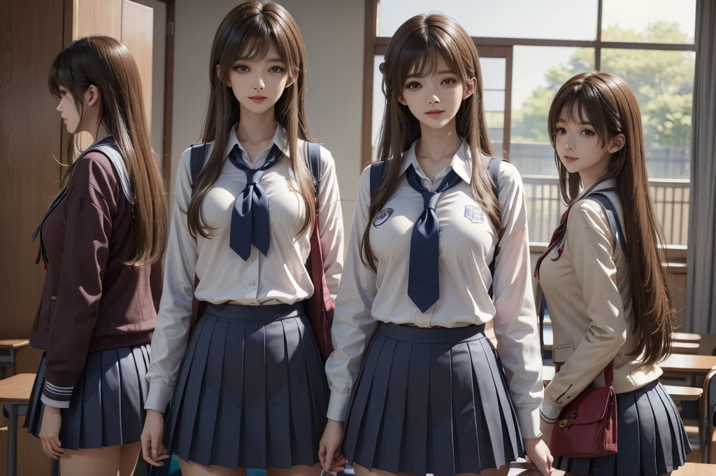 ((5 Cute Girls), (Japan schoolgirl), , jk, yuri), (school uniform), (White shirt), (red neck tie), (Navy blue pleated skirt), miniskirt, (wearing the same uniform), perfection female form, perfection face, Glossy pink lips, Expressive eyes, eye shadow, eyeliner, Huge natural breasts, (Narrow waist), (floating hair), expressive hair, long eyelashes, classroom, they look like they're having fun, (cowboy shot), UHD, masterpiece, accurate, anatomically correct, textured skin, super detail, high details, high quality, best quality