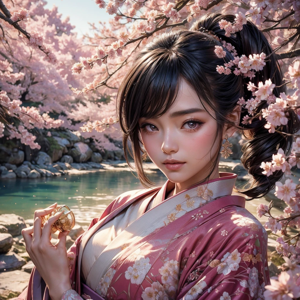 A beautifully detailed and aesthetic image of a girl wearing a kimono. She has strikingly detailed eyes, surrounded by light particles that enhance the delicate features of her face. The scene includes cherry blossoms in the background, adding to the serene and elegant atmosphere. She is adorned with tasteful jewelry, enhancing her overall appearance. The composition is a medium shot, capturing her beauty and the intricate details of the kimono and surroundings in a highly detailed, visually captivating manner.