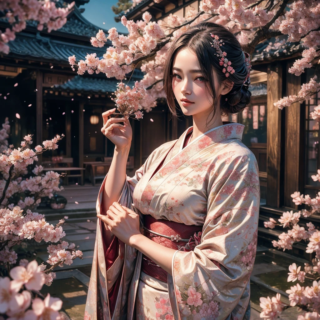 A beautifully detailed and aesthetic image of a girl wearing a kimono. She has strikingly detailed eyes, surrounded by light particles that enhance the delicate features of her face. The scene includes cherry blossoms in the background, adding to the serene and elegant atmosphere. She is adorned with tasteful jewelry, enhancing her overall appearance. The composition is a medium shot, capturing her beauty and the intricate details of the kimono and surroundings in a highly detailed, visually captivating manner.