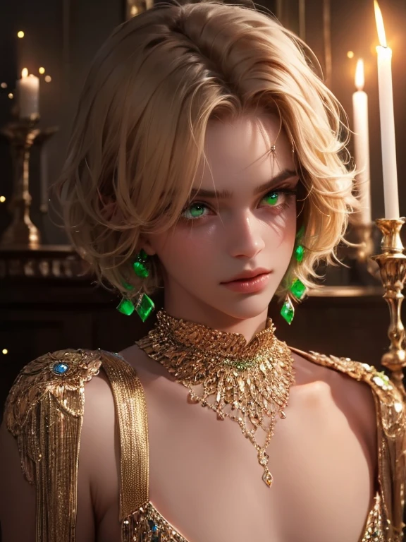 The magical look of a girl with wavy blond short hair, Emerald eyes , sparkling eyes ! just sparkles from the eyes - such a piercing look !! dark skin, Cute boy, boy with a beautiful face, Realistic anime style . Mysterious magic surrounds her ! Candle flame in front of her !