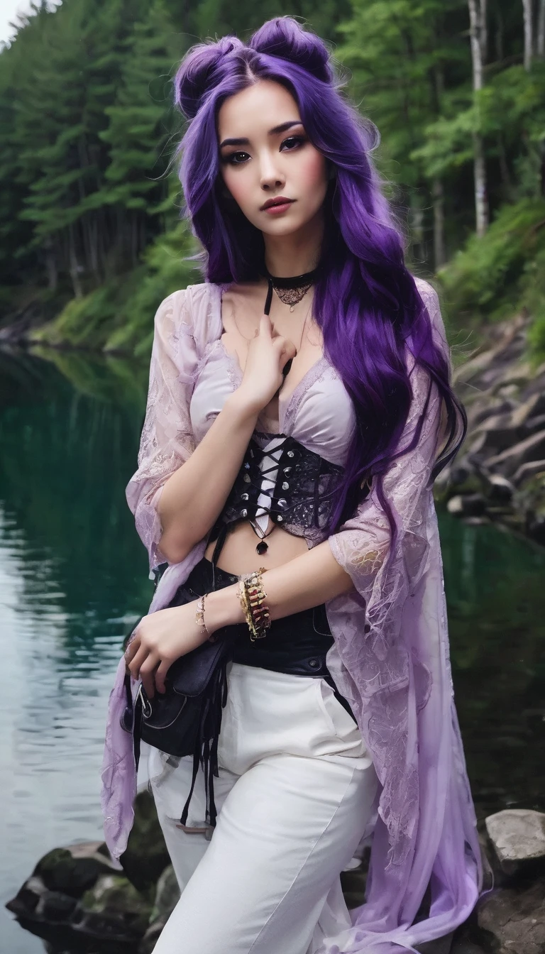 Russian, Nordic, Celtic, Scandinavian, (((long wavy purple hair, long loose purple hair, long purple layered hair, dark purple messy hair, face covered by hair, wind blowing hair, hair in face, pulled back hair))), (((dark exotic eyes, tan skin))), (((chains, collar, choker, cuffs, bracelets, ring))), (((black eye makeup, black lipstick makeup))), (((white, lace, filigree, midriff, corset, sleeves, low-cut jeans)))), (((curvy, thick, medium size, provocative, seductive))), enchanting gaze, captivating pose, (((forest, woods, park, river, stream, pond, lake, waterfall, cherry blossoms, Sakura, Aurora, northern lights, moonlight, nighttime, night scene, clouds))), (((content, happy, glow))), modeling, hands in hair