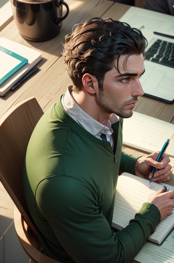 man in profile in 3/4 , staring at the notebook , pen in hand , notebook on the table , green power eyes