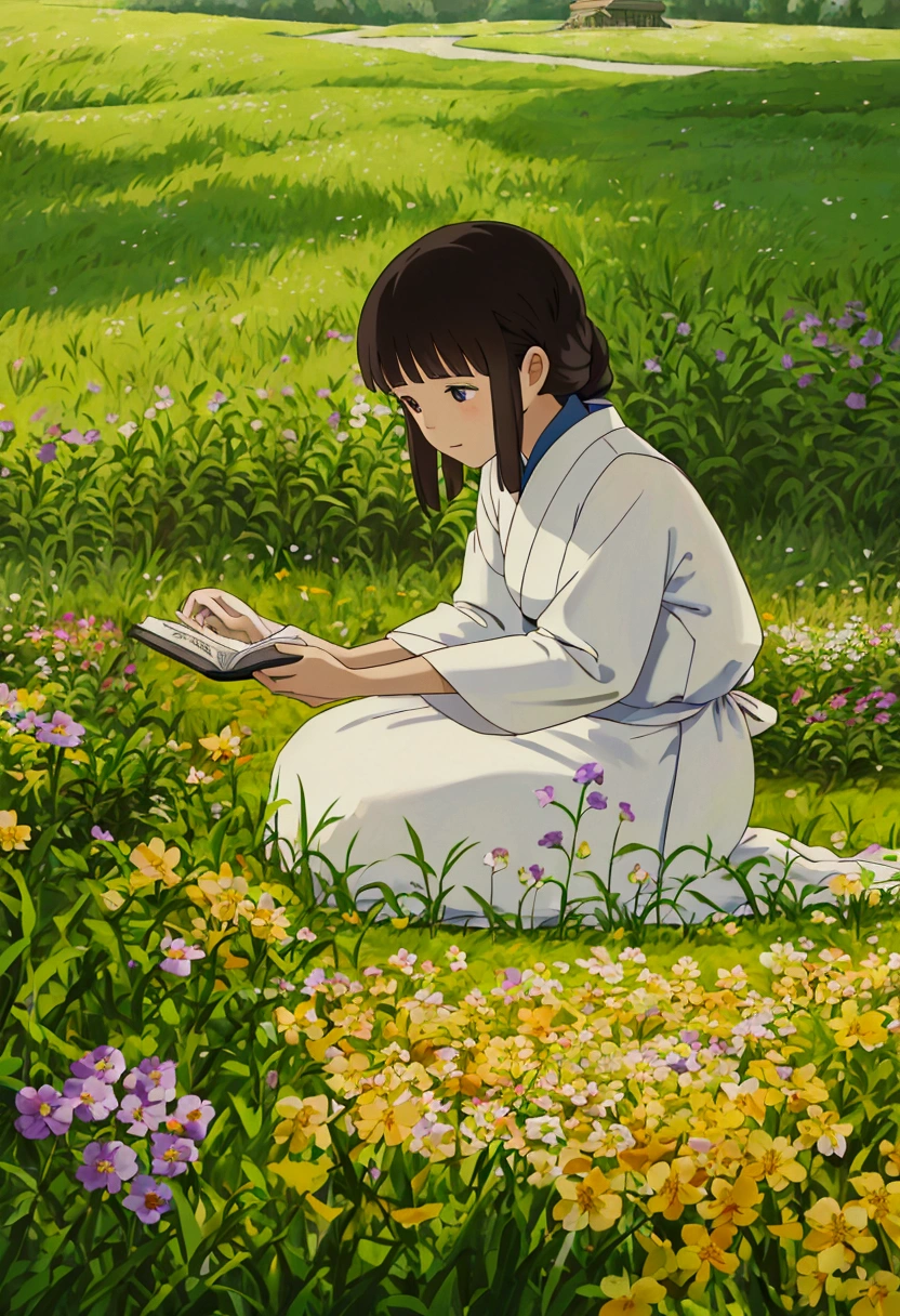 arafed woman sitting in a field of flowers reading a book, white hanfu, palace , a girl in hanfu, girl sitting in a flower field, by Yang J, sitting in a field of flowers, in a field of flowers, in a cottagecore flower garden, hanfu, in a field with flowers, girl in flowers