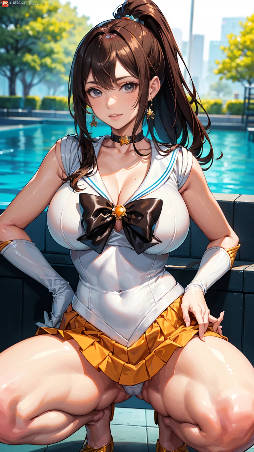 (highest quality, masterpiece:), ultra-high resolution, night, in the pool bar, Korean photo model, young and beautiful gravure idol, 25 years old, tight, wearing an orange color and white color of Sailor Moon Outfit, squatting, spread legs, mini skirt, white panties, high leg, gigantic breasts, large areola, puffy nipple:1.4, skinny, bangs, long hair, light brown hair, ponytail, forehead, unkempt hair, gorgeous earrings, beauty, victory smile, mature woman, please face forward and look at the camera,