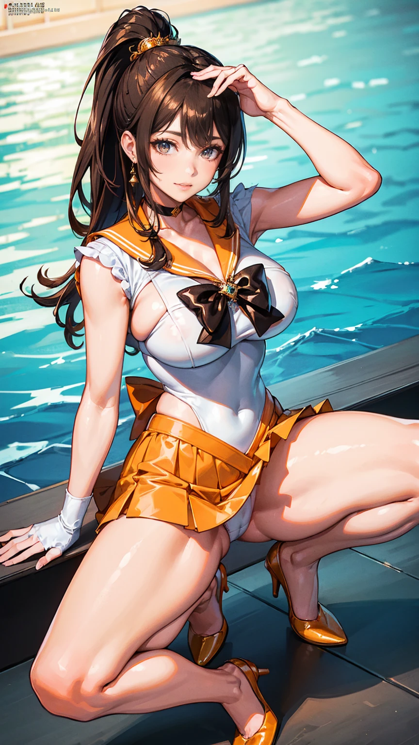 (highest quality, masterpiece:), ultra-high resolution, night, in the pool bar, Korean photo model, young and beautiful gravure idol, 25 years old, tight, wearing an orange color and white color of Sailor Moon Outfit, squatting, spread legs, mini skirt, white panties, high leg, gigantic breasts, large areola, puffy nipple:1.4, skinny, bangs, long hair, light brown hair, ponytail, forehead, unkempt hair, gorgeous earrings, beauty, victory smile, mature woman, please face forward and look at the camera,