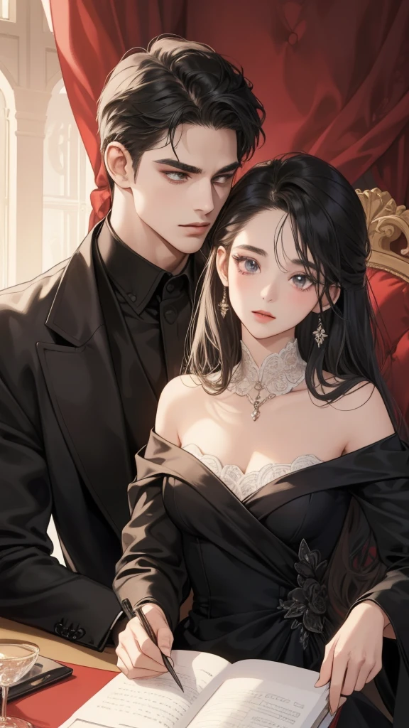 couple, 1 Girl 1 Boy, Romance, Illuminated suites, black color dress, Luxury room background, Handsome face, Romantic,Extreme detail, Digital art, 8K, Ultra HD,