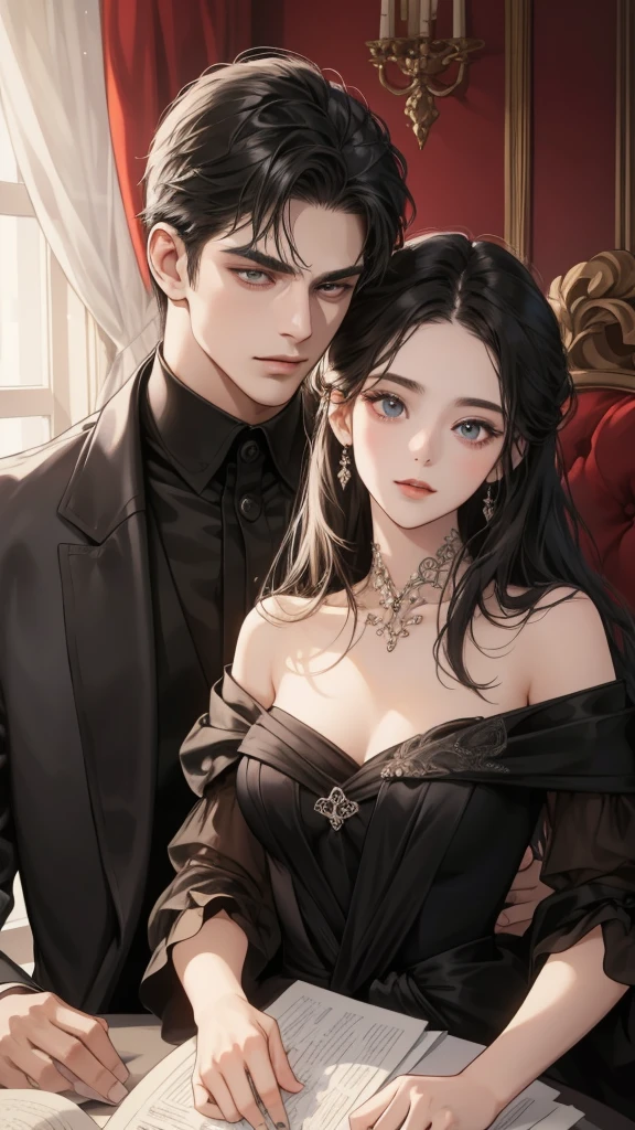 couple, 1 Girl 1 Boy, Romance, Illuminated suites, black color dress, Luxury room background, Handsome face, Romantic,Extreme detail, Digital art, 8K, Ultra HD,