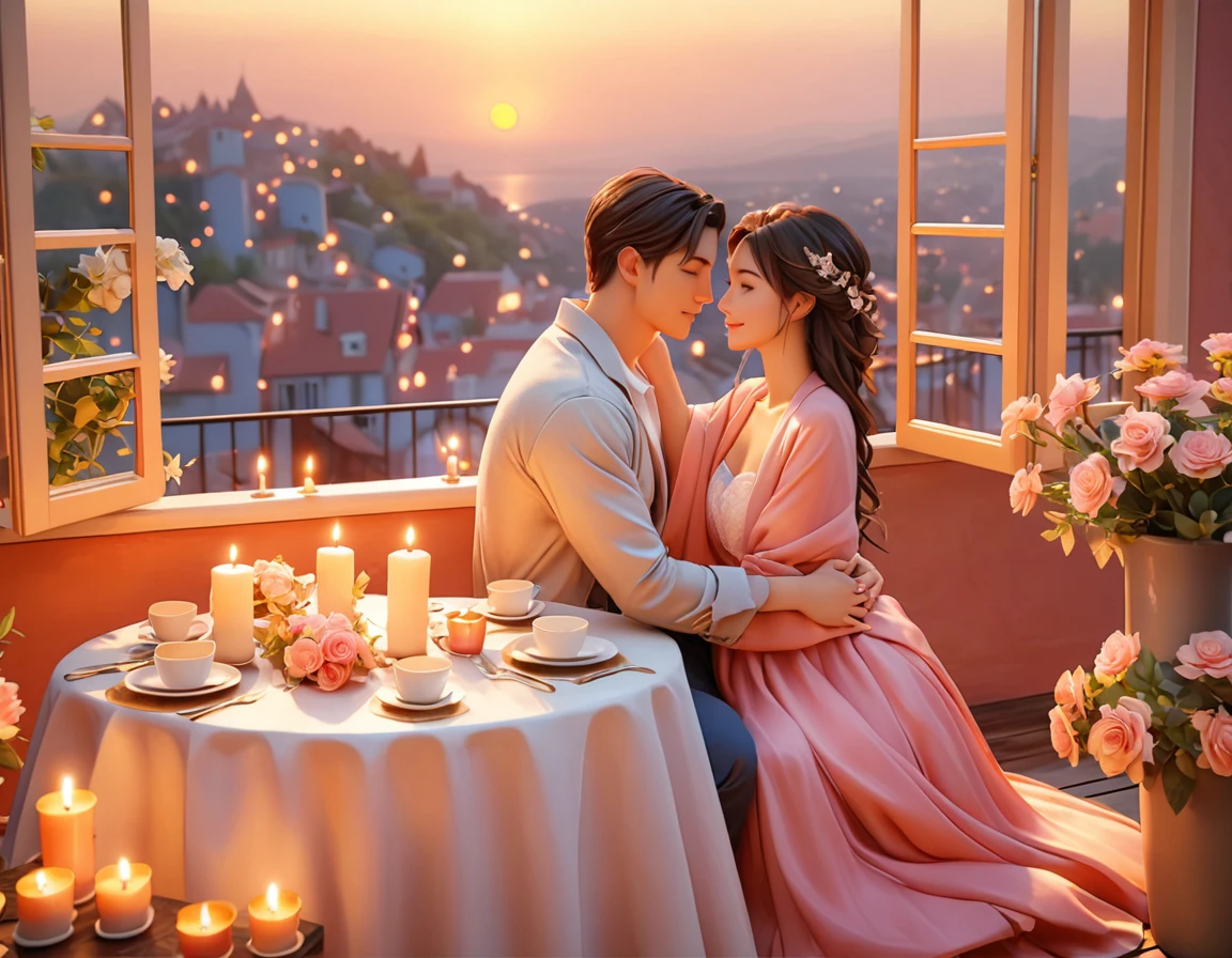 a man and woman sitting at a table with candles in front of a window, gorgeous romantic sunset, romantic couple, romantic scene, rooftop romantic, dreamy and romantic, in romantic style, romantic atmosphere, romantic ambiente, unreal engine ; romantic theme, ❤🔥🍄🌪, warm beautiful scene, romantic themed, romantic!!!, romantic painting, romantic light, summer setting