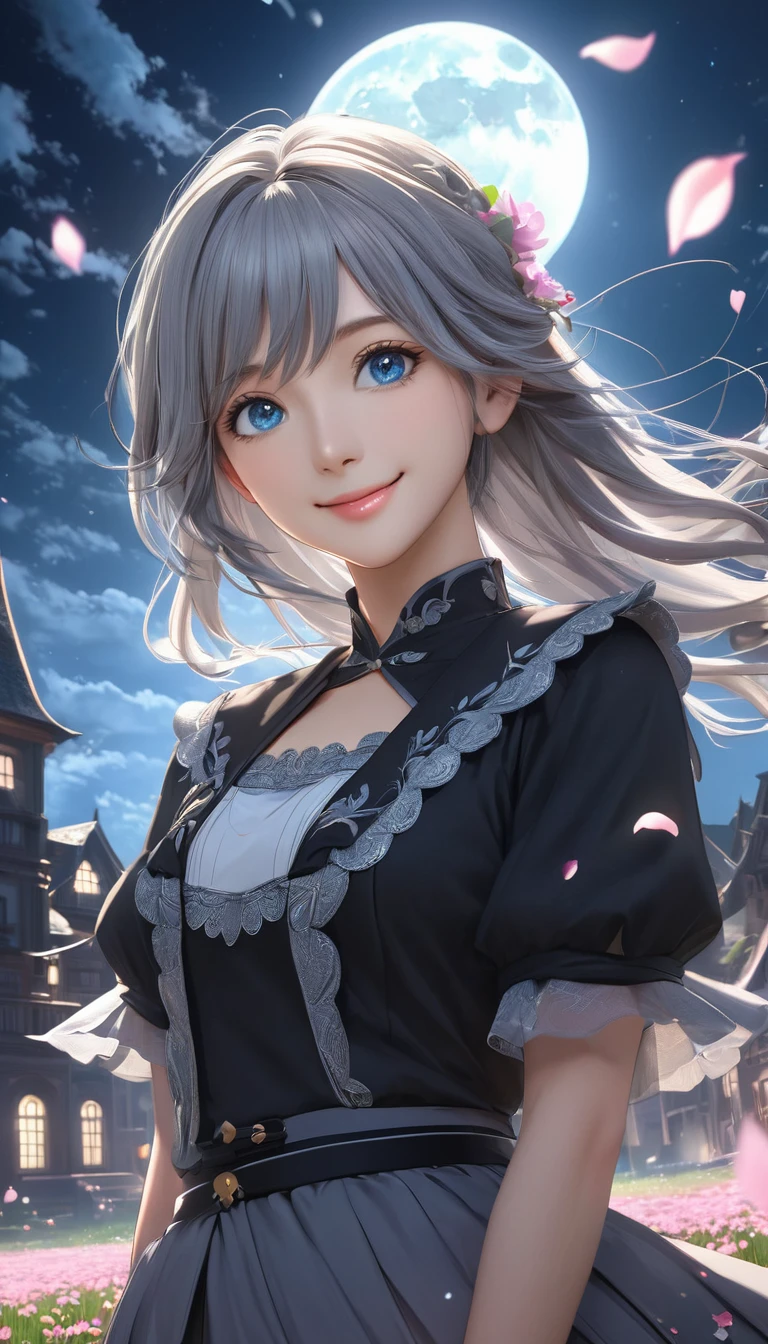 masterpiece, Highest quality, One girl, (colorful),(Beautifully detailed eyes and face),cinematic Lighting,Bust Shot,Highly detailed CG Unity 8k wallpaper,Gray Hair,alone,smile,Complex skirt,((Flying petals)),(Flowery meadow) null, cloudy_null, building, moonLight, moon, night, (Dark Theme:1.3), Light, Fantasy,