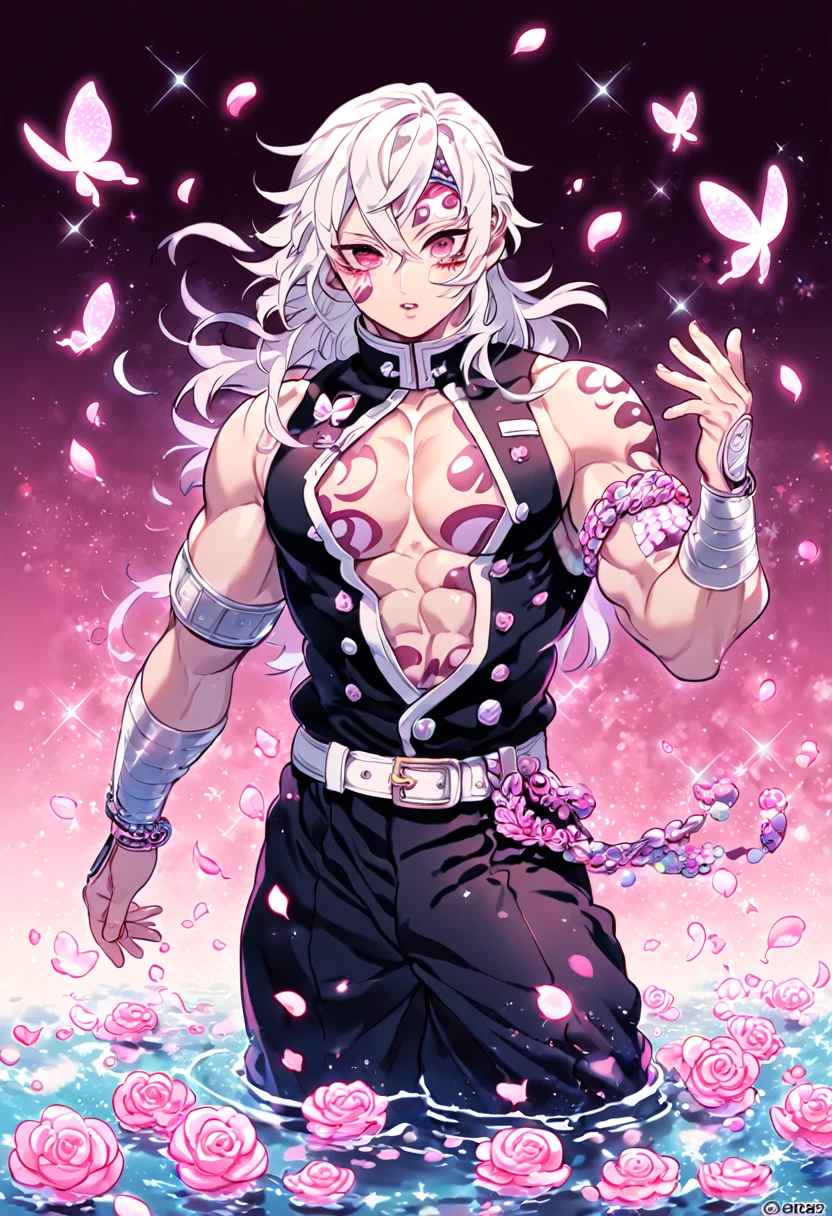 Ultra detailed, HDR, Highres, absurdres, master piece, Uzui Tengen, white hair, expressive maroon eyes, toned chest, Kimetsu No Yaiba, black demon uniform without sleeves, solo, pink glittering butterflies, pink ice, petals, pink ice glass roses, sexy man, sensual, handsome, glittering, water, fantasy, magical, manly man