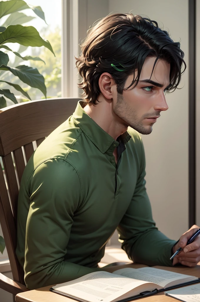 man in profile in 3/4 , staring at the notebook , pen in hand , notebook on the table , sparkling green eyes , increasing power in the eyes , sunlit , 