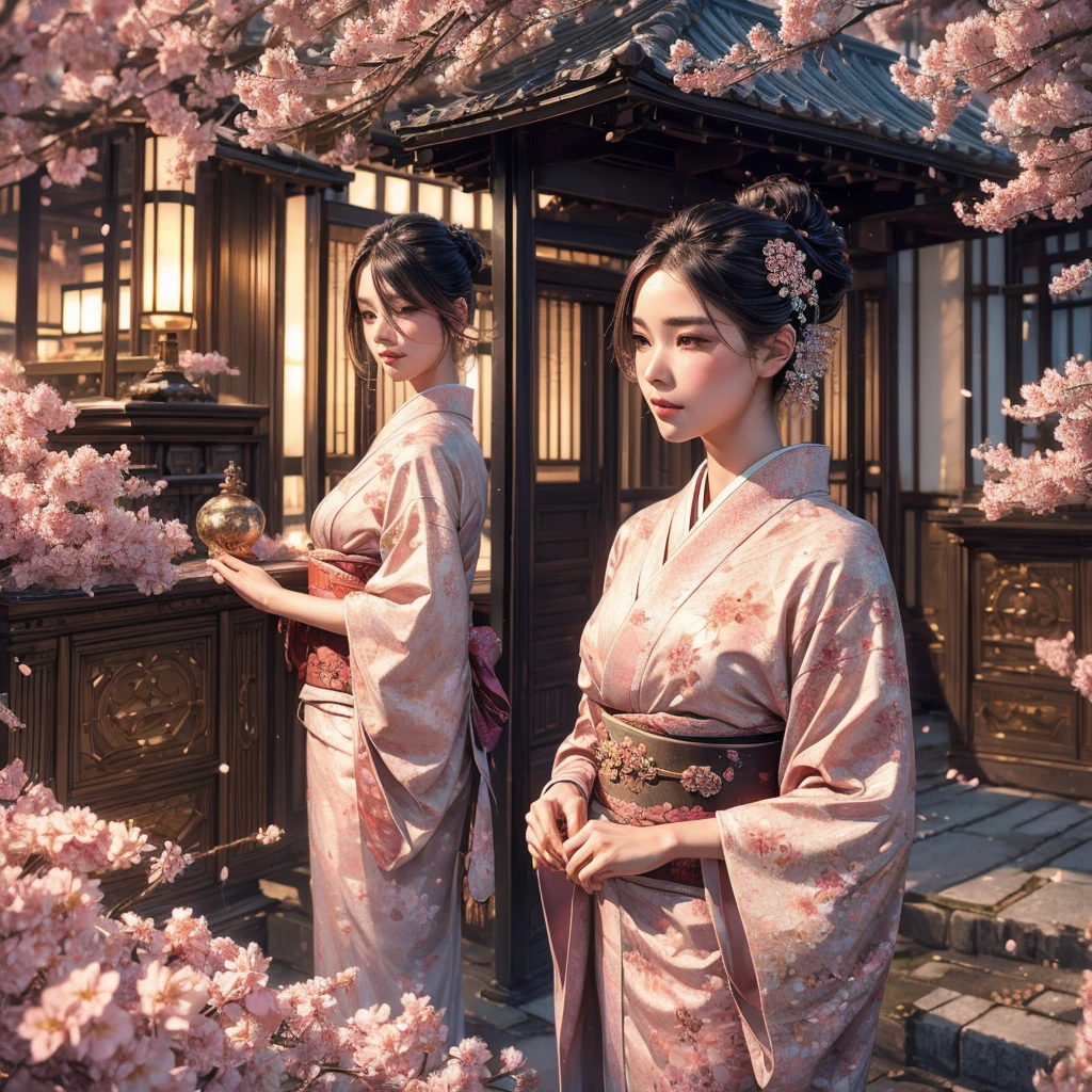 A beautifully detailed and aesthetic image of a girl wearing a kimono. She has strikingly detailed eyes, surrounded by light particles that enhance the delicate features of her face. The scene includes cherry blossoms in the background, adding to the serene and elegant atmosphere. She is adorned with tasteful jewelry, enhancing her overall appearance. The composition is a medium shot, capturing her beauty and the intricate details of the kimono and surroundings in a highly detailed, visually captivating manner.