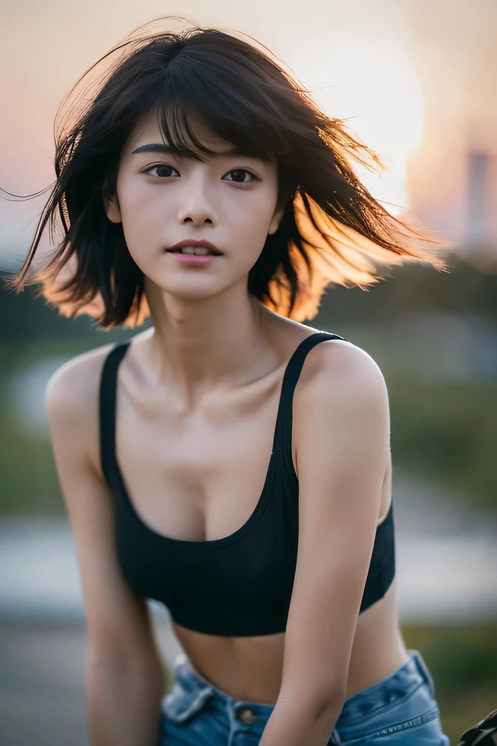 (Hyper Reality: 1.35), (Realistic: 1.4), A beautiful Japanese woman, smile, alone. (((No makeup))), masterpiece, 最high quality, high quality, alone, Very good, Puberty, Only one girl, Well-trained slim body, muscular, slim body, breasts apart, (最high quality)),((Very delicate and beautiful)),((Very shallow depth of field)), ((Incredibly shallow depth of field)). Familiar, ((Very delicate and beautiful)), (((Very shallow depth of field))), (((Unbelievably absurd))), dark brown hair, blowing boyish bob hair, shag messy hair, wolf cut, big hair, Windで揺れる髪, Slim body type, ((( Camera Eye)))), (((small ))), Looks like a salon model, Cool face, Neutral facial features,(ecstasy:1.3) ,(slut:1.2),(vulgarity:1.3),(fucked silly:1.1),(steam:1.1),(Wet:0.8),(trembling:0.8),(tears:0.7) ,(drooling:0.6),(sweat:0.8),open mouth,  poor, Dynamic Angle, Focus on women, {Particles of light}, Detailed Background, Soft lighting, (dramatic), sunset, very beautiful sunset, Live Action, Realistic, (blurred background), ((())), (((Wind))), ((Movement)), ((emotion)), ((colorful)), ((Baby Face)), Wither, sea background, high neck, Sleeveless, turtleneck, (((whole body))), (((knees))), walking, sports bra, hot pants,