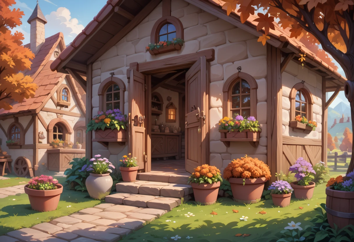 medieval cottage, chimney, cute, flower pots, autumn, masterpiece quality, ultra HD, 4K, best quality