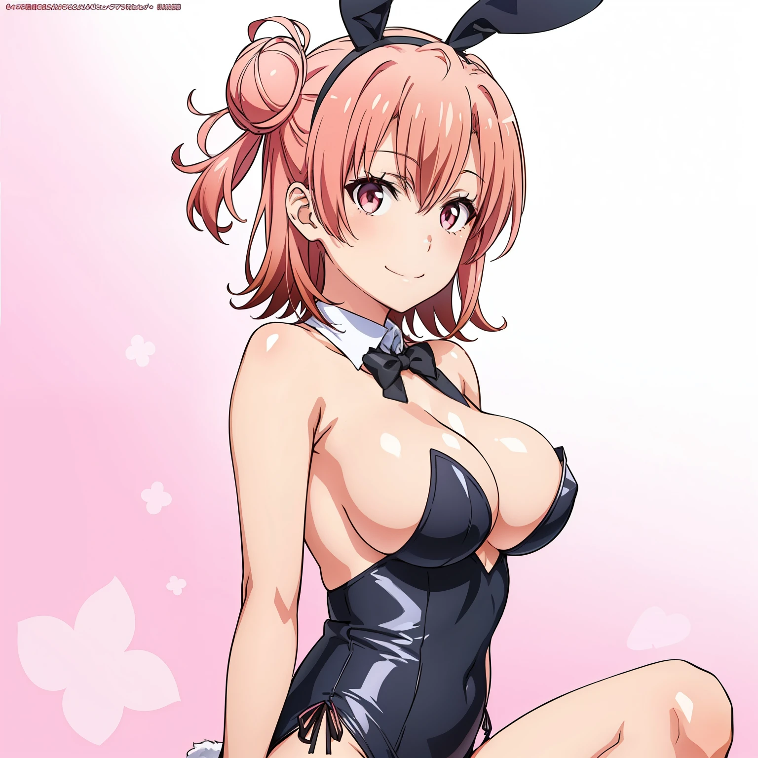 ((masutepiece, Best Quality, hight resolution, nffsw, Perfect Pixel, depth of fields, 4K, )), 1girl in, Solo, , Beautiful anime girl, Beautiful Art Style, close up, Looking at Viewer, Perfect body, side shot, Yuigahama Yui, Short hair, pink hair, pink eyes, hairbun, (large boob), side boob, sitting, black playboy bunny outfit, smile, hands on thighs, blank white background, shot from the waist up