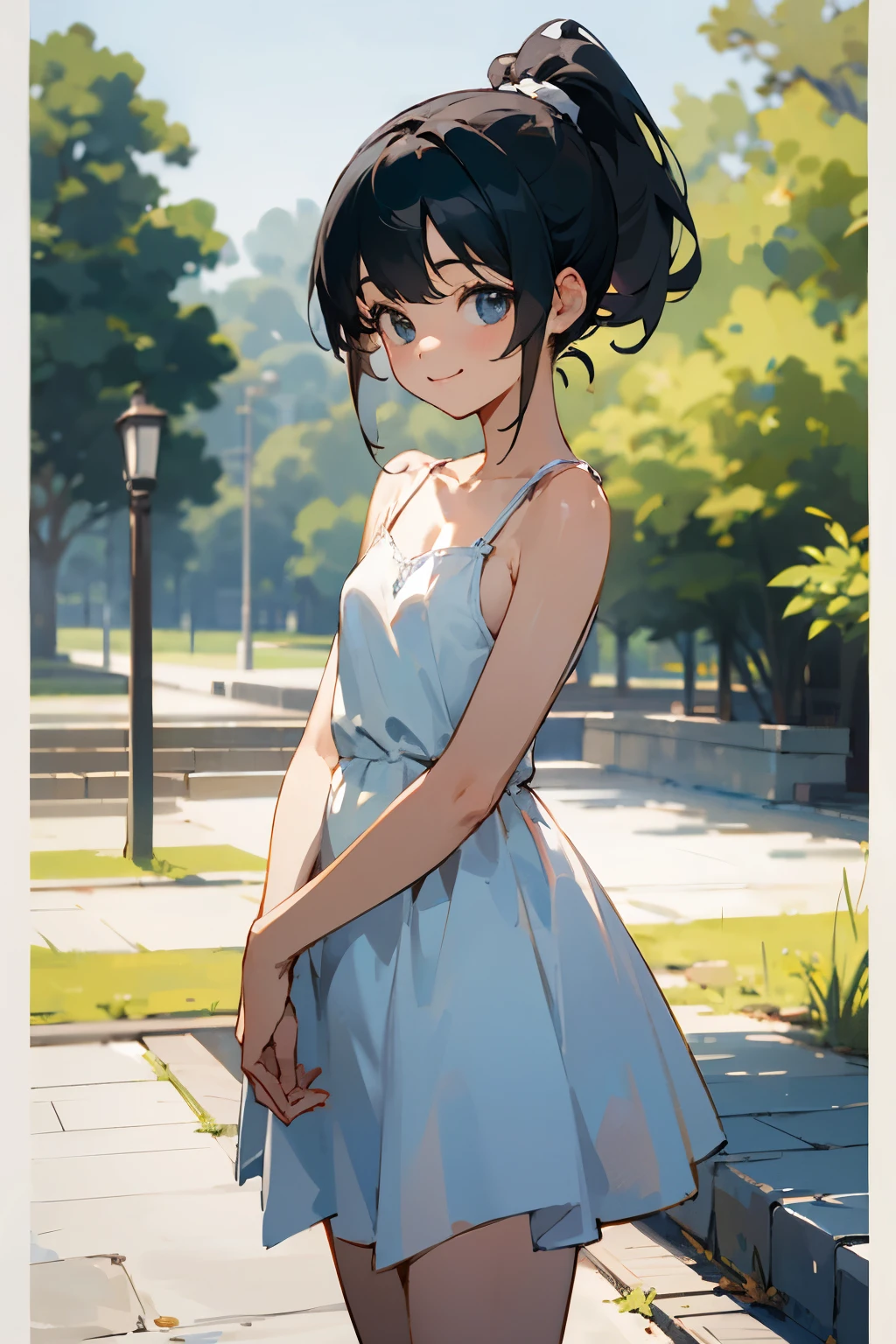 In the best quality、Teenage girl standing outdoors。In high resolution、Beautiful details、Quiet atmosphere。Black hair ponytail、Cute Smile.。Small breasts、White camisole dress。