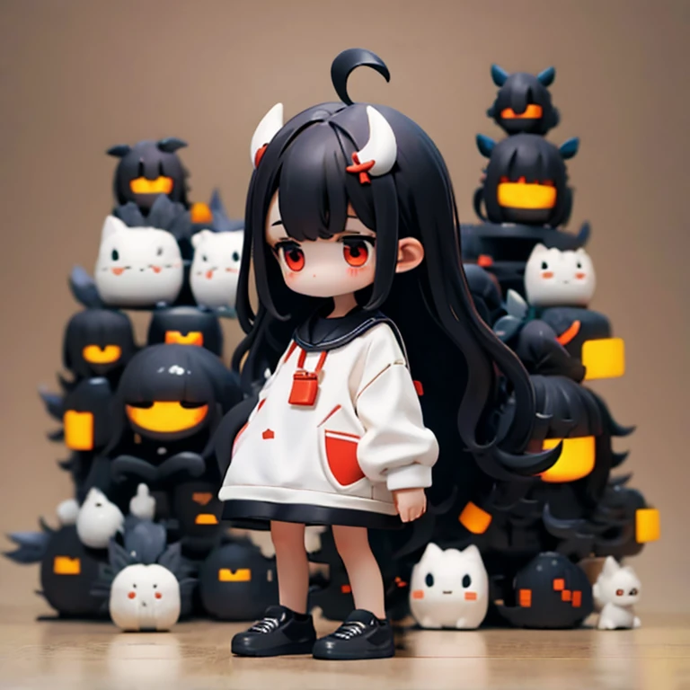 Young Girl,,Wearing a one-piece dress,Mini character,Red eyes,Black Hair,Long Hair,Dark atmosphere,Deformed character,Horns growing,Ahoge,
