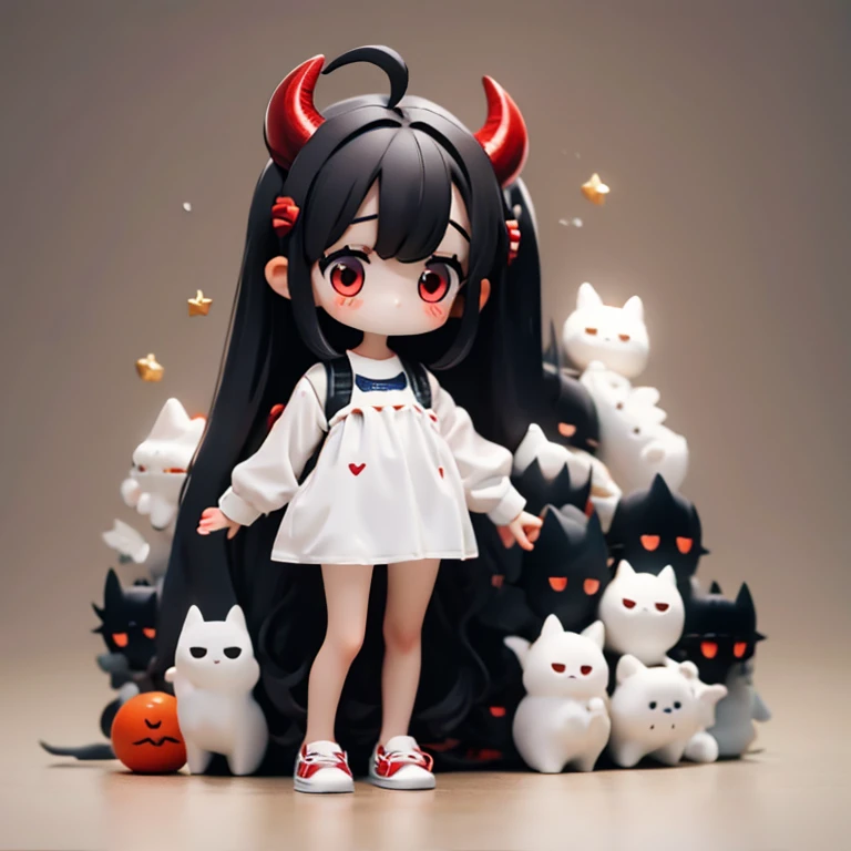 Young Girl,,Wearing a one-piece dress,Mini character,Red eyes,Black Hair,Long Hair,Dark atmosphere,Deformed character,Horns growing,Ahoge,
