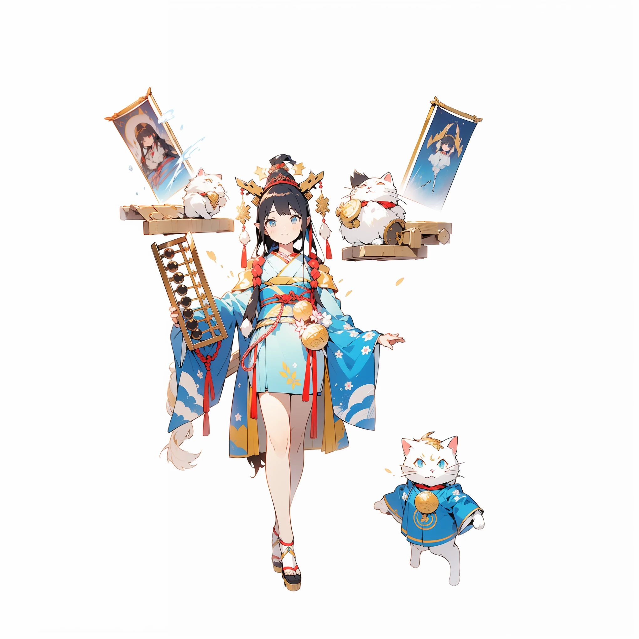 和服girl,Blue Kimono,thigh,Bangs,Black long hair,Off-shoulder,Knots,Red string,Cat element,Abacus in hand,Gold, Silver and Treasures,copper,Gold headdress,luxury,((best quality)), ((masterpiece)), ((Practical)) girl, , Relaxed happy face ((slim)) (plump), ((( 可爱Off-shoulder连衣裙 ))) (( Sexy )) Textured elf hairstyle (((White background))) , Fluffy, Soft ((best quality)), ( Extremely detailed, The finest details, Official Art, Aesthetics: 1.2), Boundary depth written, work, whole body, (small), (Beautiful and delicate eyes: 1.3), (Excellent:1), Colorful clouds blurred background