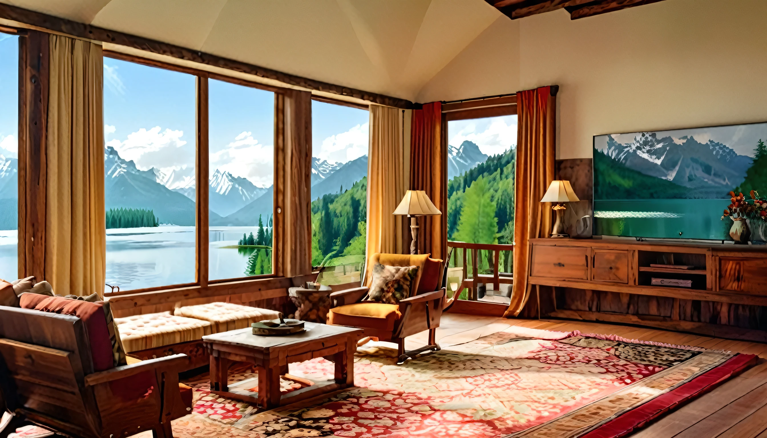 Retro style living room,Spectacular views of a tranquil mountain lake. The space is decorated with wooden furniture, Gorgeous carpet, and elegant draperies. The room’s color scheme has a rich, Warm colors that complement the natural environment, Large windows provide ample natural light, Enhances the charm and sophistication of a room