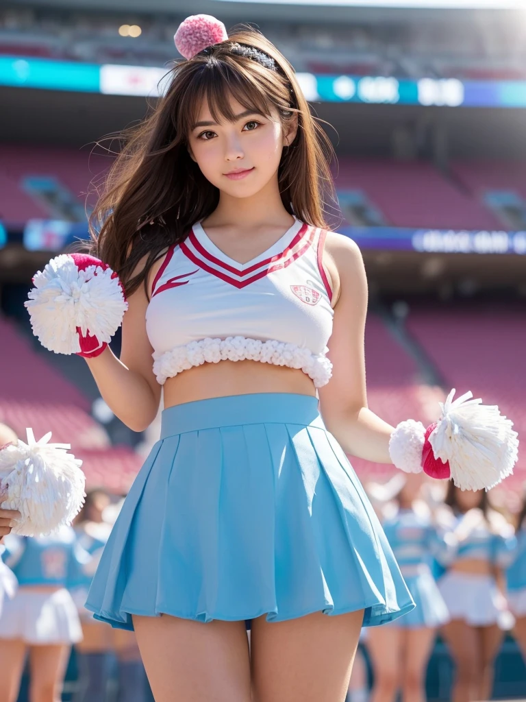 masterpiece, Highest quality, Very detailed, High resolution, (Realistic, photoRealistic:1.37), Excellent anatomy, One beautiful woman, 18-year-old, Height: 152cm, Cheerleader, (Holding a pom-pom in both hands:1.5), A small smile, cheer leading, ブルーCheerleader uniform, (shape), Micro Pleated Mini Skirt, No underwear, ((Very delicate and beautiful)), ((Stadium Background:1.2)), Brown Hair, Long Hair, bangs, Very beautiful face, Cute type, Big Natural Color Lip, Small and cute nose, Big and pretty eyes, Brown eyes, Obvious double, Shiny highlight spots around the eyes, Character Focus, Tilt your head, The best light, Best Shadow, mysterious, Perfect Face, Very detailed, Soft Skin, (Glowing Skin, Sweaty: 1.2), Beautiful feet, Voluptuous thighs, Plump body, Huge breasts, (Expresses the roundness and softness of the chest area.........1), Beautiful body, (The perfect woman), Spread your legs, (挑発的なcheer leadingポーズ), Skirt flip, (Spreading pussy:1.5)