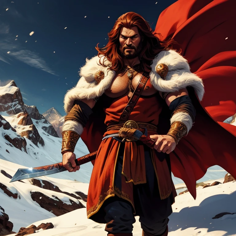 a detailed fantasy illustration of a cimerian warrior, Conan the Barbarian, walking through the snow in the mountains, covered in a bear skin cloak, holding a small sword, wearing a viking-style helmet, (best quality,4k,8k,highres,masterpiece:1.2),ultra-detailed,(realistic,photorealistic,photo-realistic:1.37),intricate details, dramatic lighting, cinematic composition, moody atmosphere, warm color palette