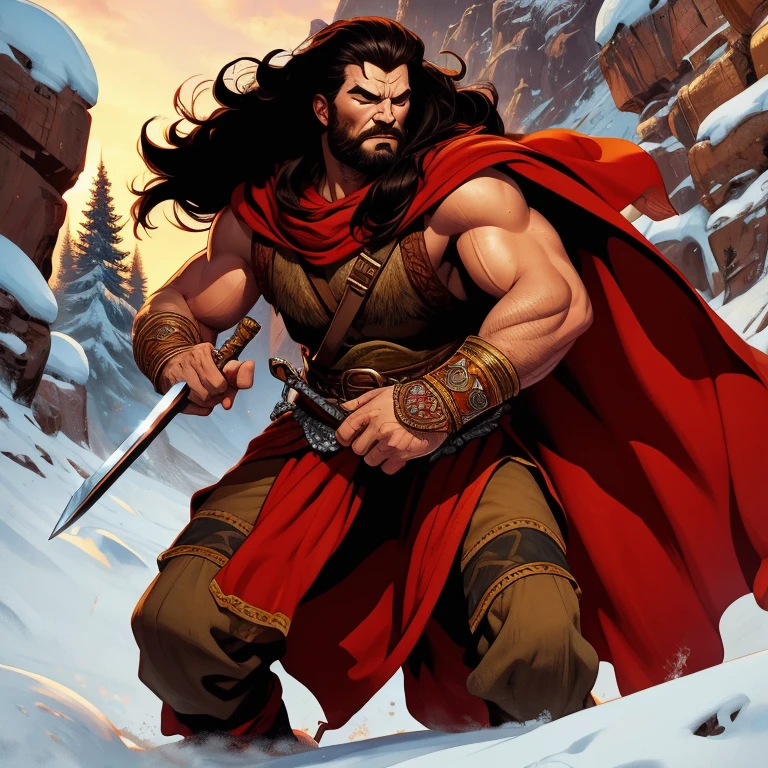 a detailed fantasy illustration of a cimerian warrior, Conan the Barbarian, walking through the snow in the mountains, covered in a bear skin cloak, holding a small sword, wearing a viking-style helmet, (best quality,4k,8k,highres,masterpiece:1.2),ultra-detailed,(realistic,photorealistic,photo-realistic:1.37),intricate details, dramatic lighting, cinematic composition, moody atmosphere, warm color palette