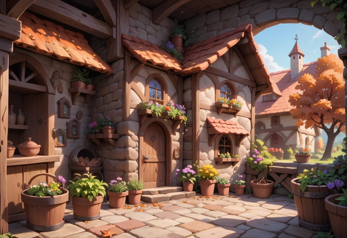 a single medieval cottage, chimney, cute, flower pots, autumn, masterpiece quality, ultra HD, 4K, best quality