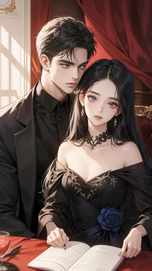 couple, 1 Girl 1 Boy, Romance, Illuminated suites, black color dress, Luxury room background, Handsome face, Romantic,Extreme detail, Digital art, 8K, Ultra HD,