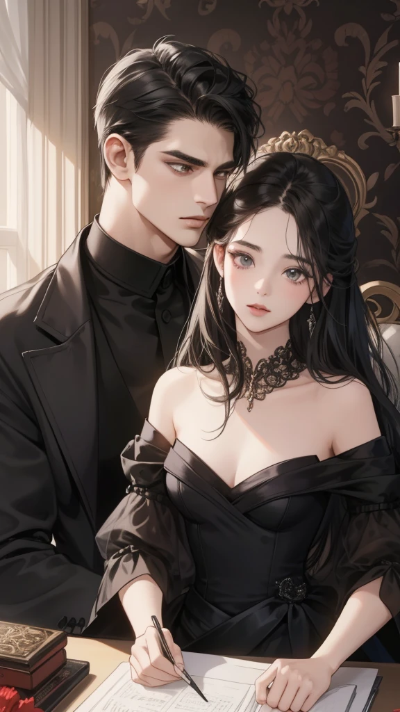 couple, 1 Girl 1 Boy, Romance, Illuminated suites, black color dress, Luxury room background, Handsome face, Romantic,Extreme detail, Digital art, 8K, Ultra HD,