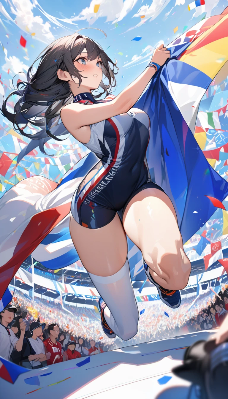 best quality, high quality, 16K, Unbelievably ridiculous, Very detailed, 2.5D, Delicate and dynamic, Blue sky, Colorful contrails, Confetti, Olympic flag, crowd, audience, athlete' Track and field arena,Preparing to start at the starting line,side,Look up into the distance,Tight sportswear